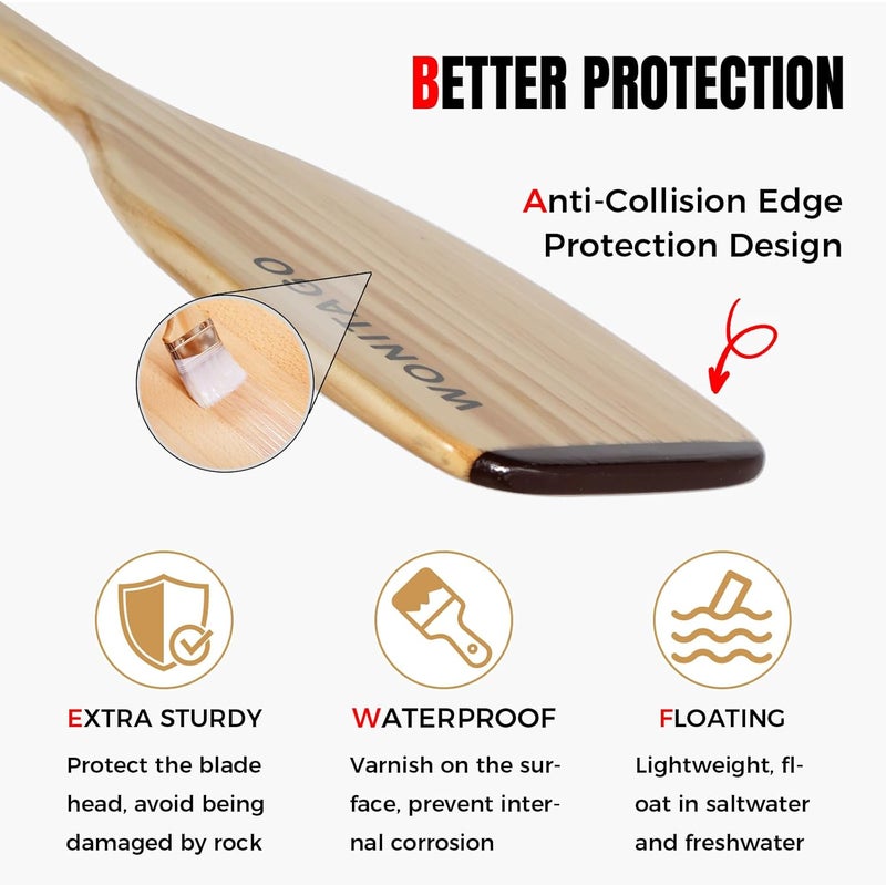 WONITAGO Wooden Canoe Paddle with Ergonomic Palm Grip and Anti-Collision Edge, Floating Wood Canoe Boat Paddle - Image 2